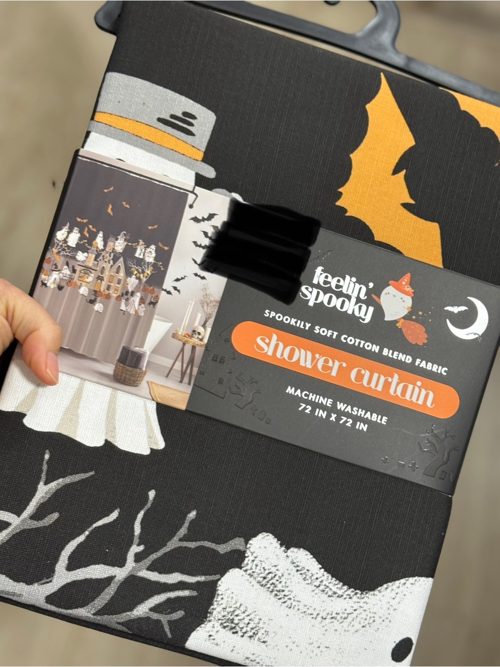Black Halloween Shower Curtain - Ghost & Bat Design